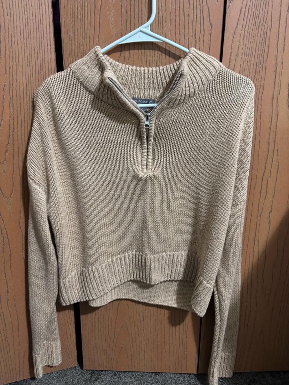 Francesca's Collections Beige Half-Zip Cropped Turtleneck Sweater